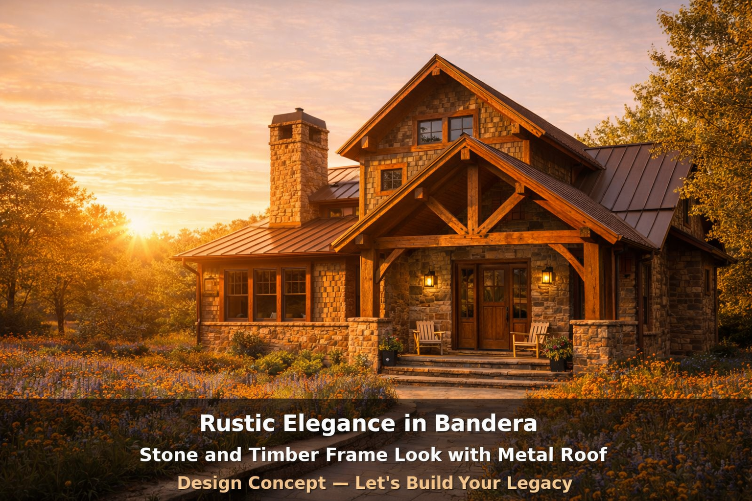 Custom Home Design Bandera - Stone and Timber Frame Ranch by Riverside Home Designs